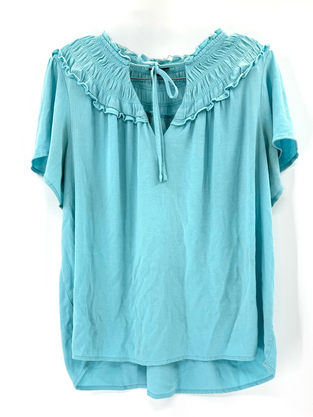 Torrid Aqua Boho Blouse Size 1 Flowy Peasant Top Ruffle Neck Tie Front